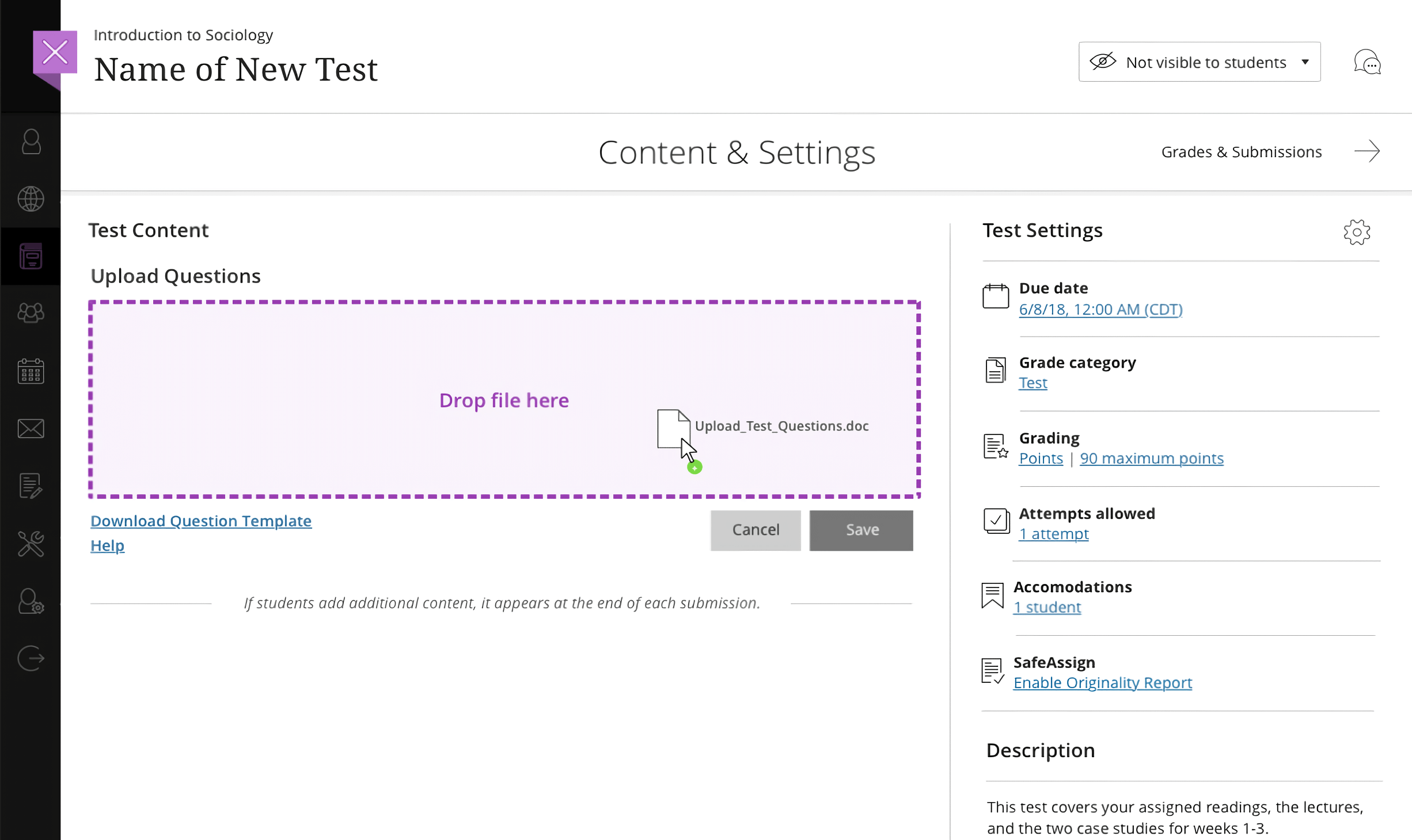 Mockup of native assessment upload in Blackboard Learn Ultra