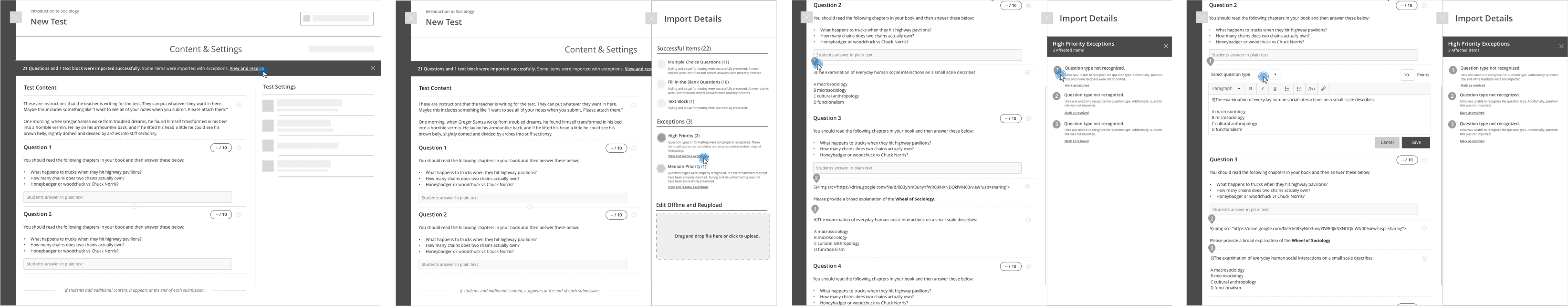 Wireframes showing the error handling workflow for native assessment import