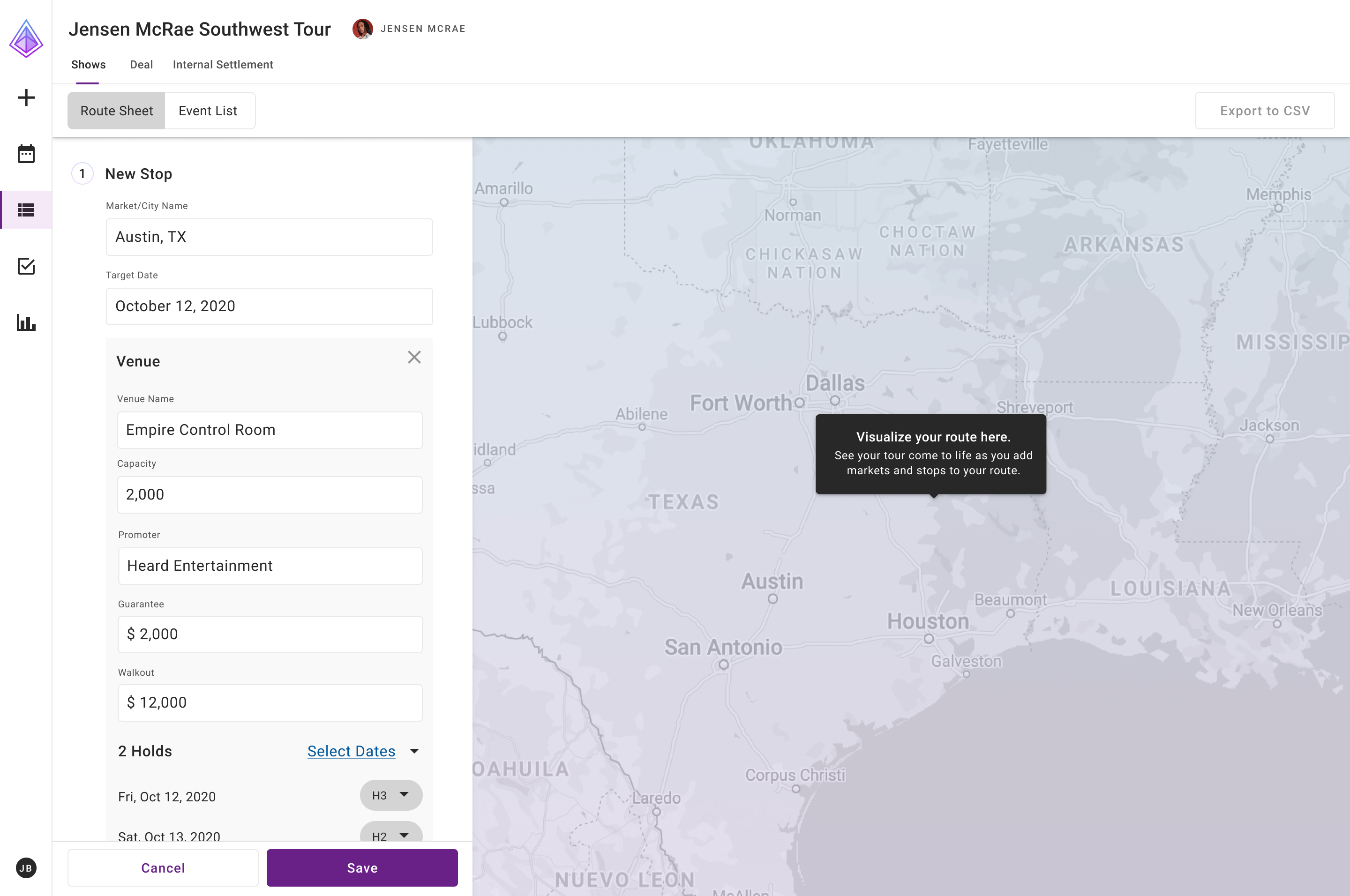 Screenshot of a conceptual design for tour management